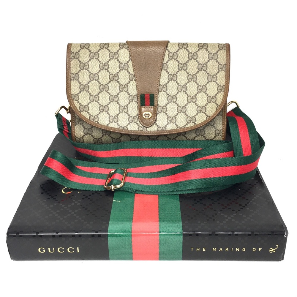 Gucci Beige GG Supreme Canvas Crossbody with Green & Red Web Strap